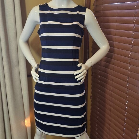WHITE HOUSE BLACK MARKET Navy Black & White Striped Sleeveless Sheath Dress sz 6 - Picture 2 of 8